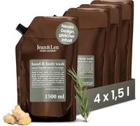 Jean & Len Recharge de savon pour les mains et le corps au romarin et au gingembre, nettoie et soigne la peau, set pratique, parfum frais et épicé, savon liquide, sans silicone & parabène, 4 x 1,5L