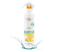 Jean & Len Sensitiv Spray solaire 50 FPS résistant à l'eau, adapté aux peaux sensibles, sans silicone, octocrylène, parfums & microplastiques, végétalien, vaporisateur 250 ml