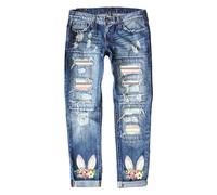 Jean Only Femme Pantalon Pâques Lapin Imprimé Troué Décontracté Denim Long Style Décontracté Femme Look Printanier Et Confortable
