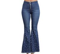Jean Pattes d'éléphant Femme Taille Haute orné de Perles, Coupe évasée Stretch, Pantalon en Denim avec Poches, Bleu, Taille L