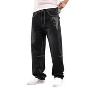 Jean pour homme - Grande taille - Coupe ample - Avec broderie - Jambe large - Taille haute - Stretch - Pantalon droit - Délavé - Denim long - Tendance - Pantalon de loisirs, Noir , XXL