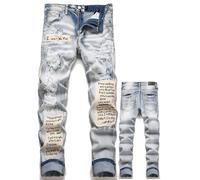 Jean pour Homme Slim Fit Déchiré en Denim Stretch Pantalon Décontracté avec Design À Jet d'encre Streetwear Y2K,R,32