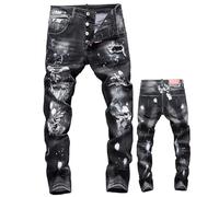 Jean pour Homme Slim Fit Déchiré en Denim Stretch Pantalon Décontracté avec Design À Jet d'encre Streetwear Y2K,T,32