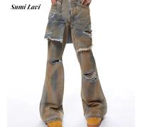 Jean pour homme style Wasteland, nouvelle collection automne 2026, pantalon en jean patchwork double couche, jean droit vintage déchiré et ajouré. 01 Blue