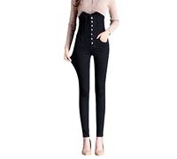 Jean Skinny à Plusieurs Boutons pour Femme Pantalon en Jean Taille Haute avec contrôle du Ventre Pantalon Jean Stretch Coupe Slim Grande Taille (Le Noir,32)