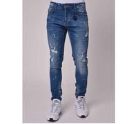 Jean Skinny bleu moyen délavé effet usé et tacheté 29