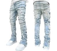 Jean Skinny Empilé pour Hommes Coupe Ajustée Denim Déchiré Pantalon Extensible Décontracté Taille Moyenne Patchwork Unique Style de Rue Harajuku Y2K Mode Hip Hop Pantalon en Denim Déchiré et Vieilli(L