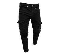 Jean skinny noir pour homme, coupe ajustée, style cargo, avec poches multiples, pantalon en denim confortable et résistant, pantalon cargo vintage délavé, Noir , XL