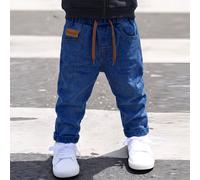 Jean skinny stretch ajusté à taille élastique décontractée avec cordon de serrage réglable, couleur unie polyvalente, adapté aux jeunes garçons, étudiants, campus et tenue universitaire 6Y,7Y,4Y,5YUni