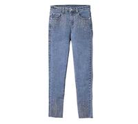 Jean Skinny Taille Moyenne avec Strass pour Femme avec Poches Coupe Slim Longueur Cheville Jean Crayon Extensible Light Blue M