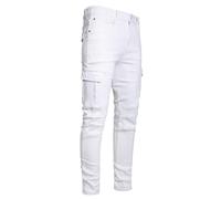 Jean slim fit stretch déchiré pour homme, coupe droite, coupe droite, tendance, confortable, taille flexible, mode décontracté, skinny, design cargo, pantalon en denim, B # blanc., 32