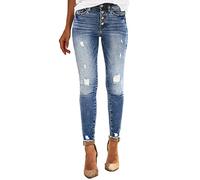Jean stretch skinny pour femme - Taille haute - Avec trous - Jean boyfriend extensible élégant - Jean skinny déchiré - Long - Pantalon en denim usé - Jambe droite - Pantalon d'été, b, S