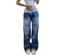 Jean Taille Basse imprimé Coeur d'amour pour Femme, Pantalon Droit Bleu délavé, Mode Hiver - Bleu - L