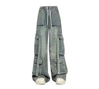 Jean Taille élastique pour Femme, Mode Japonaise des années 2000, esthétique Vintage Hip-Pop Baggy, Jambe Large, Pantalon Cargo en Denim Y2k Punk Chic-Bleu-M