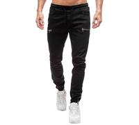 Jean Taille élastique pour Homme, Coupe Slim, Noir, Extensible, Cordon de Serrage, avec Fermeture éclair à la Cheville