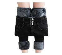 Jean vert stretch pour femme - Coupe droite - Rembourré - Taille haute - En polaire - Avec poches - Pantalon en peluche thermique - Avec boutonnière - Jeggings skinny - Épais, Noir , 32