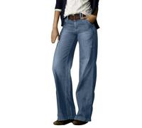 ARESU Jean Vintage délavé à Jambes Larges pour Femme Y2K - Taille Haute élastique - Jambe Droite - Pantalon Cargo Baggy en Denim pour Femme - Bleu Clair - L