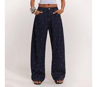Jeans à jambe large en denim avec rivets métalliques décoratifs, mode printemps/été. Jeans bleu foncé décontractés pour la rue. Convient pour les sorties, le travail, les trajets, les festivals de mus