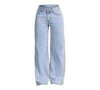 Jeans à jambe large pour filles, style rétro baggy, denim déchiré, taille haute, droit, avec poches, léger, pour adolescents et enfants, streetwear, bleu clair, 11-12 ans