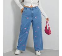 Jeans à jambes larges avec broderie en forme de cœur, jeans à jambes larges pour filles, jeans à jambes larges pour femmes, pantalon en jean à jambes larges 0XL,1XL,2XL,3XL,4XL,5XLCœurJean