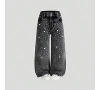 Jeans à jambes larges avec taille élastique et décoration de strass en forme de cœur, style preppy décontracté chic pour jeune fille. Essentiel mode chic pour les filles au quotidien, à l'école, au ca