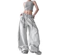 Jeans à Jambes Larges pour Femmes, Style Harajuku Hip-Hop Coupe Ample rétro Y2K rayé à Poches colorées, Pantalon Court Style Jazz. (Gris,M)