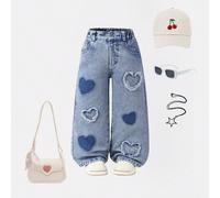Jeans à jambes larges pour jeunes filles, style casual streetwear, ambiance vacances, recommandé personnalisé unique, patch en jean en forme de cœur + ombre de cœur design unique, taille élastique pou