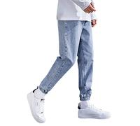 Jeans à revers pour homme - Pantalon de jogging taille élastique - Pantalon décontracté avec cordon de serrage - Élégant et classique - Uni - Coupe droite - Pantalon denim en polyester et coton, noir