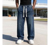 Jeans à taille élastique avec cordon de serrage pour hommes, lavage bleu vintage délavé, jambe droite ample, pantalon décontracté polyvalent pour le quotidien, confortable pour les trajets et les sort