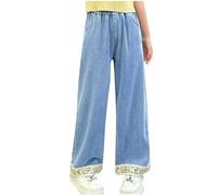 Jeans Ado Fille Large Jean Jambes Larges pour Fille Enfant Droit Taille Haute Élastique Jean Baggy Pantalons Doux Decontracte Pantalon en Denim Taille Haut avec Poches pour 5-15 Ans