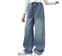Jeans Ado Fille Large Jean Jambes Larges pour Fille Enfant Droit Taille Haute Élastique Jean Baggy Pantalons Doux Decontracte Pantalon en Denim Taille Haut avec Poches pour 5-15 Ans