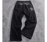 Jeans ample et décontracté à jambe large avec broderie d'étoile et de lettre sur la poche arrière L,M,S,XL,XS,XXLGéométrique,LettresJean