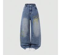 Jeans ample et délavé avec lettres brodées tie-dye pour préadolescentes, style streetwear pour décontracté, école, rassemblement, maison, shopping, vacances, rentrée scolaire, jours fériés 8Y,9Y,10Y,1