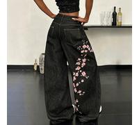 Jeans amples à jambes larges pour femmes, style streetwear coréen unique avec broderie, polyvalent pour toutes les saisons (sans ceinture ni accessoires inclus.) Décontracté pour les vacances L,M,S,XL