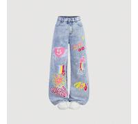 Jeans amples délavés à l'acide avec imprimés cœurs, visages et fleurs roses doux, style de rue mignon Y2K pour préadolescentes. Convient pour la rentrée scolaire et le streetwear. Jeans amples mignons