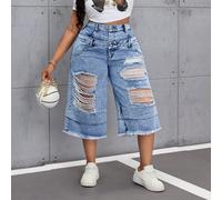 Jeans amples et déchirés pour femmes grandes tailles, avec jambes larges et deux tailles de ceinture. Jeans en denim délavé de couleur claire, style casual américain des rues. Y2K pour l'été et le pri