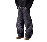 Jeans Amples surdimensionnés Hip hop à Bords Bruts brodés en Denim Vintage épissé de Flammes à Jambes Larges Coupe Ample Hip hop y2k Street Skater Jeans (Black,Grand)