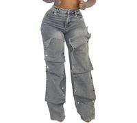 Jeans asymétriques taille haute pour femme - Coupe ample et boutonnée - Style Y2K - Style streetwear, multicolore, M