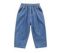 Jeans baggy pour enfants garçons taille élastique patchwork denim jogging bébé tendance esthétique jeans taille haute sarouel poches pantalon décontracté cool, Bleu foncé., 5-6 ans