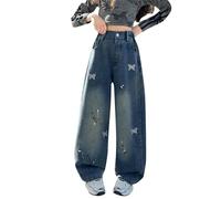 Jeans baggy pour filles - Cœur - Étoile - Nœud papillon - Imprimé - Taille haute - Jambe large - Esthétique - Tendance - Pantalon d'école - Taille élastique - Vintage Hip Hop Cargo Pantalon Droit