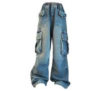 Jeans baggy pour filles - Pantalon cargo - Denim - Distressed - Élastique - Taille haute - Jambes larges - Multi poches 5 16T - Pantalon de jogging garçon - 1 an, bleu, 7-8 ans