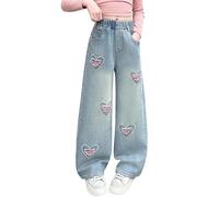 Jeans baggy pour filles - Pantalon droit en denim déchiré - Pour filles - 4 à 14 ans - Confortable - Extensible - Broderie cœur - Tendance - Y200k - Streetwear avec poches, bleu ciel, 9-10 ans