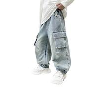 Jeans baggy pour garçons avec jambes larges et taille élastique - Jeans cargo avec poches - Coupe ample - Denim - Pantalon décontracté pour loisirs - Printemps été - Ado Y2K - Streetwear - 1-15 ans