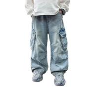 Jeans baggy pour garçons avec jambes larges et taille élastique - Jeans cargo avec poches - Coupe ample - Denim - Pantalon décontracté pour loisirs - Printemps été - Ado Y2K - Streetwear - 1-15 ans