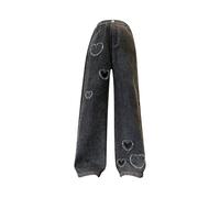 Jeans baggy taille élastique pour adolescentes droites et larges jeans Y2k décontracté coupe ample vintage pantalon fille jambe droite cœur brodé pantalon en denim streetwear