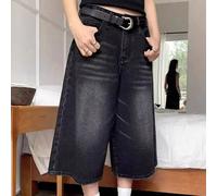 Jeans bermuda en denim à jambes larges avec détail de couture de poche, style vintage y2k rayé chat pour adolescente. Shorts décontractés à coupe courte 14Y,13Y,16Y,15YUnicoloreJean