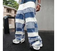 Jeans bleu délavé à jambes larges et longues avec fermeture éclair et design superposé audacieux, style Emo L,M,S,XL,XS,XXLUnicoloreJean