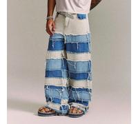 Jeans bleu délavé à jambes larges et longues avec fermeture éclair et design superposé audacieux, style Emo L,M,S,XL,XS,XXLBlocs de couleurJean