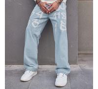 Jeans bleu pour homme à coupe ample avec des lettres et des graphismes imprimés, jambe droite longue, jean de skater brodé cargo avec graffiti, uni, léger, Prom Y2K Friends L,M,S,XL,XXLLettresJean