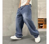 Jeans bleus unicolore coupe ample pour hommes, décontracté, streetwear, fermeture éclair, bouton, poche, toutes saisons, pantalon en denim, confortable, polyvalent, port quotidien, cadeau pour le père